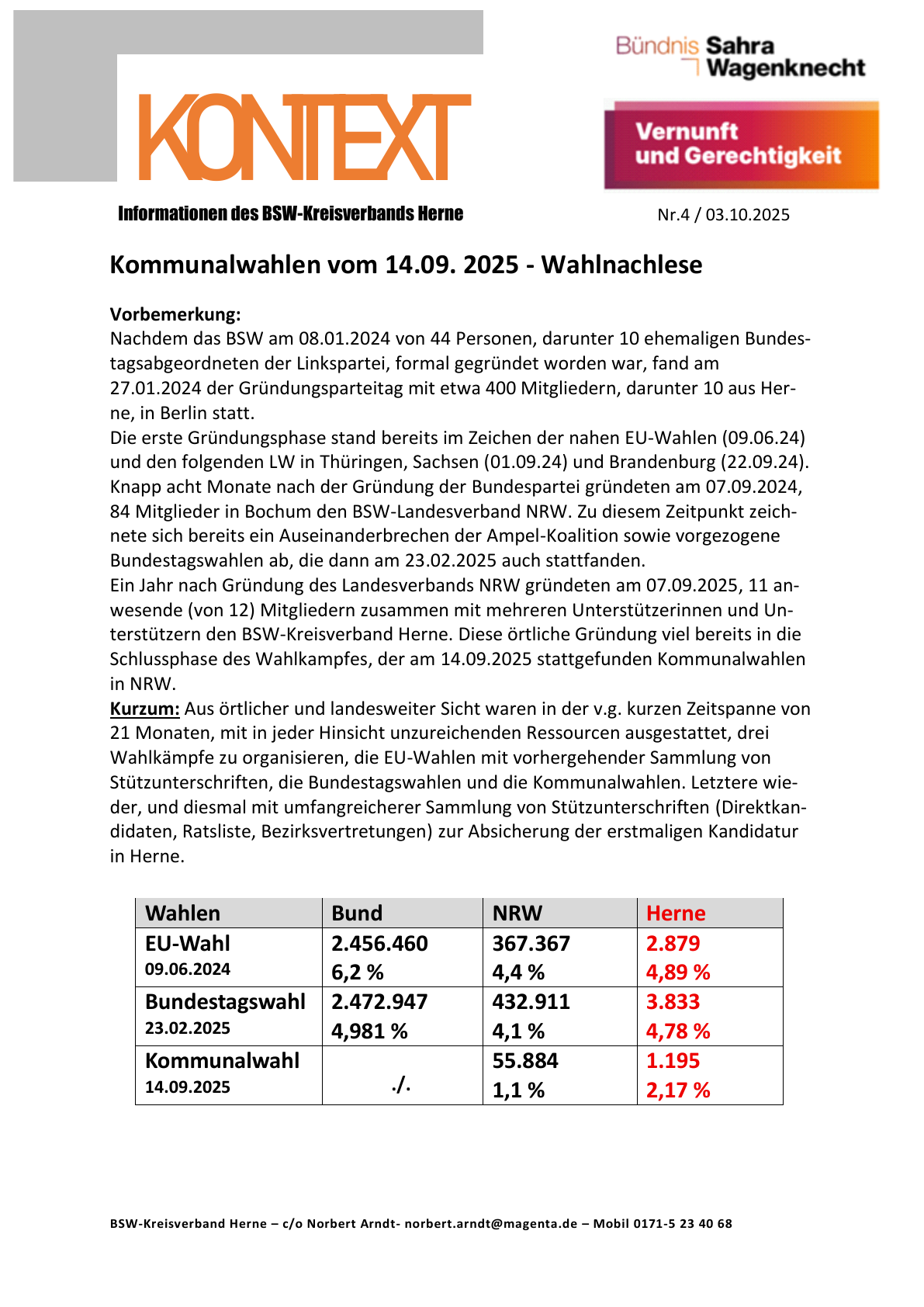 PDF-Seite 1 von KONTEXT Informationen des BSW-Kreisverbands Herne Nr.4 / 03.10.2025 Kommunalwahlen vom 14.09.