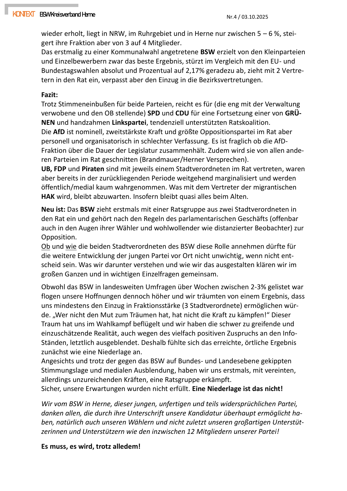 PDF-Seite 6 von KONTEXT Informationen des BSW-Kreisverbands Herne Nr.4 / 03.10.2025 Kommunalwahlen vom 14.09.