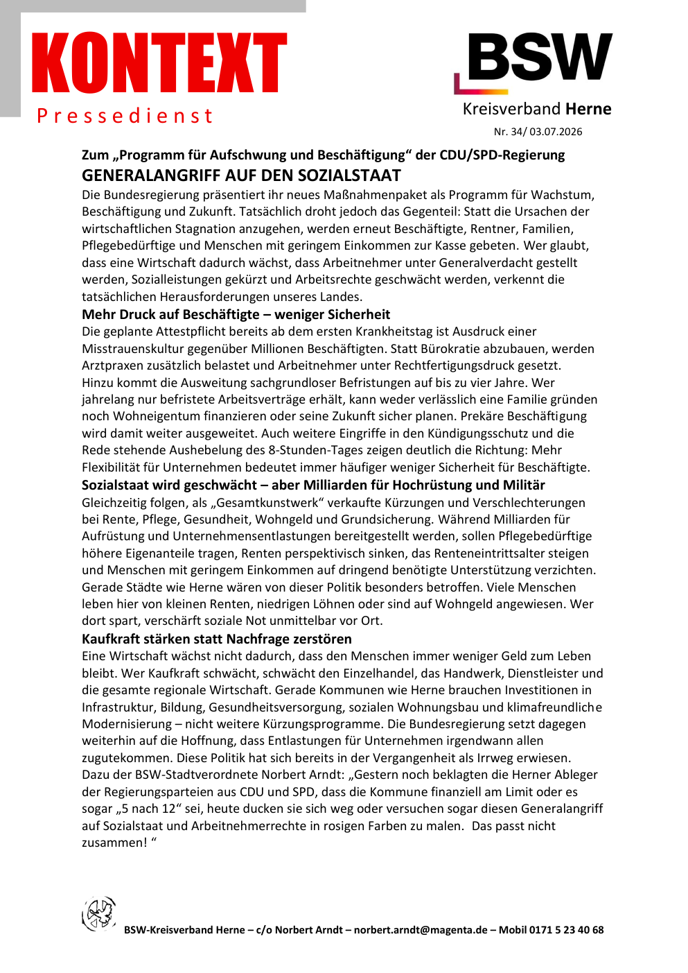 Vorschau der ersten Seite: KONTEXT Pressedienst Kreisverband Herne Nummer 34
