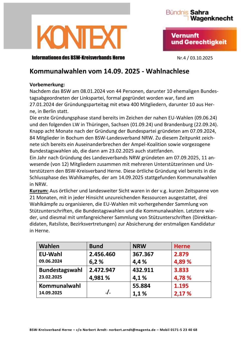 Vorschau der ersten Seite: KONTEXT Informationen des BSW-Kreisverbands Herne Nr.4 / 03.10.2025 Kommunalwahlen vom 14.09.