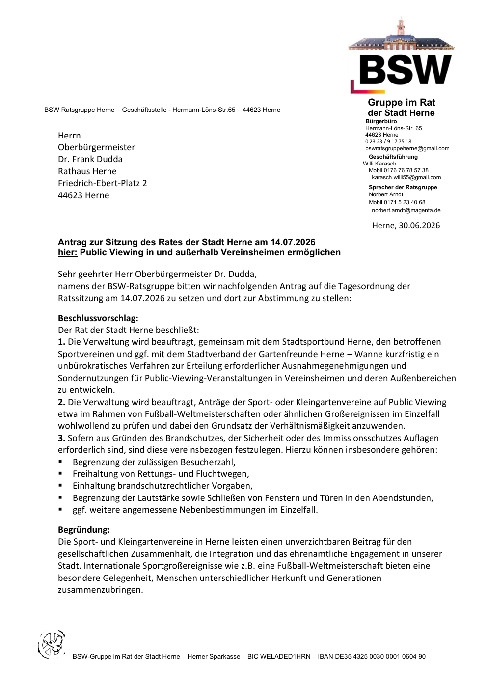 Vorschau der ersten Seite: Antrag zur Sitzung des Rates der Stadt Herne am 14.07.2026 hier: Public Viewing in und außerhalb Vereinsheimen ermöglichen